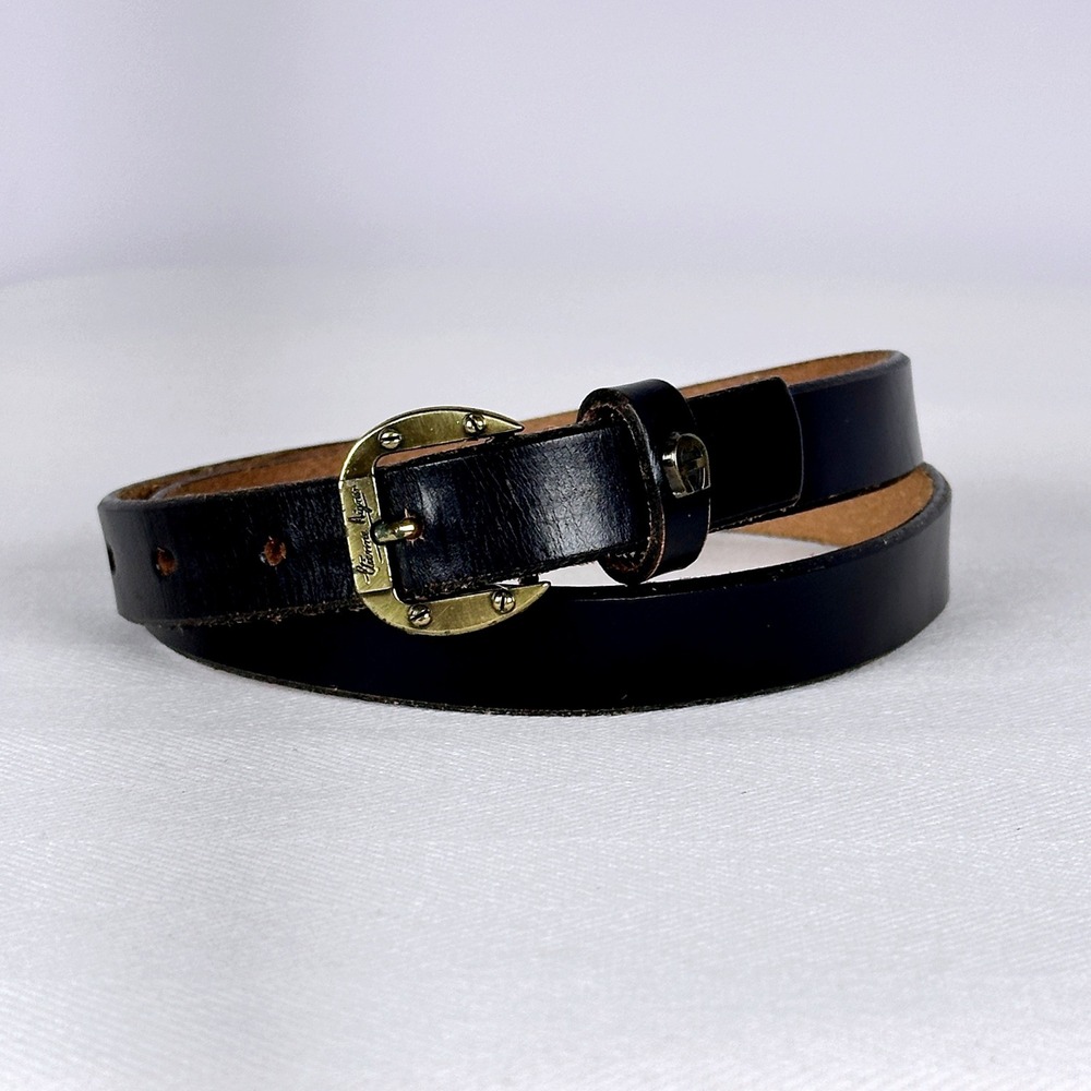 Etienne Aigner Classic Black Leather Belt Vintage Brass Horseshoe Buckle Size 28